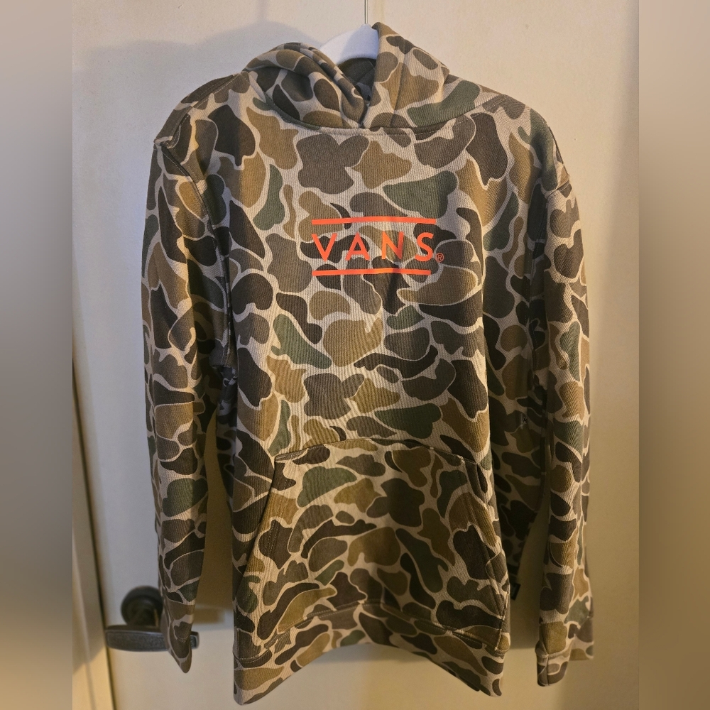 NWT Vans Kids Camo Hoodie with Bold Orange Logo